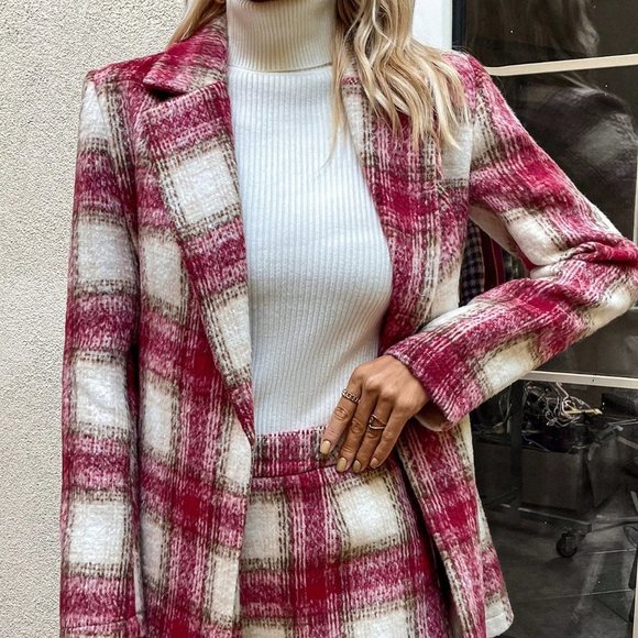 . Jackets & Blazers - Hot Pink Preppy Womens Plaid Print Lapel Neck Blazer & Shorts